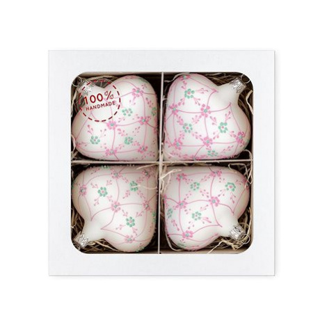 Nastrom - Bílá skleněná srdíčka buclatá s růžovým malováním, 4ks