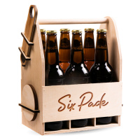 FK Dřevěný nosič na pivo s dřevěným otvírákem + 6ks kulatých podtácků - SIX PACK 32x26x16 cm, Př