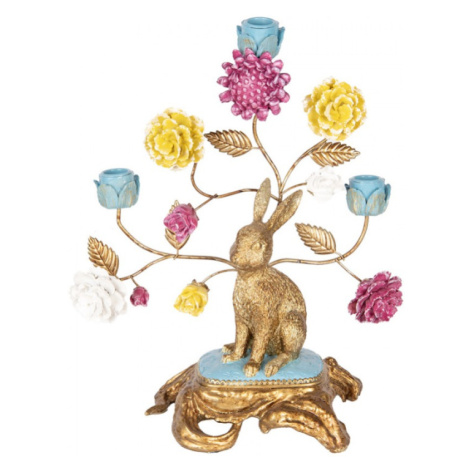 Zlatý svícen na 3 svíčky zajíc s barevnými květy – 30x16x37 cm Clayre & Eef