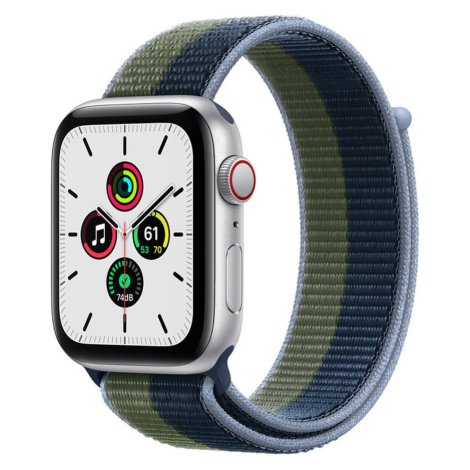 Apple Watch SE Cellular 44mm stříbrné s hlubokomořský modrým/mechově zeleným provlékacím řemínke