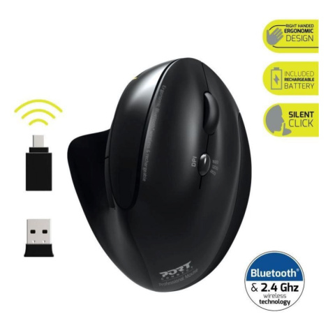 PORT vertikální bezdrátová ergonomická myš, BT, 2, 4 GHz, USB-A/C, pro praváky, černá