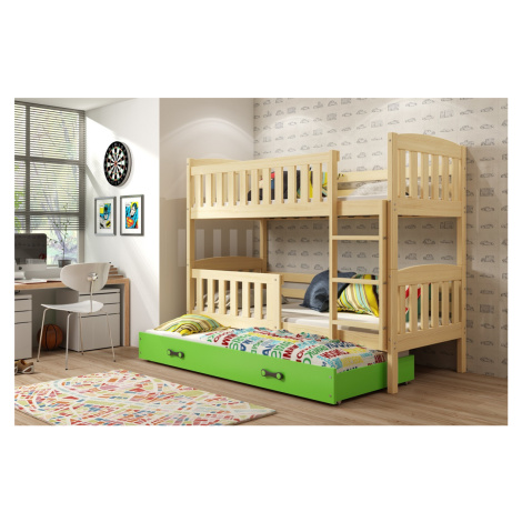BMS Dětská patrová postel s přistýlkou KUBUŠ 3 | borovice Barva: Borovice / zelená, Rozměr: 200 