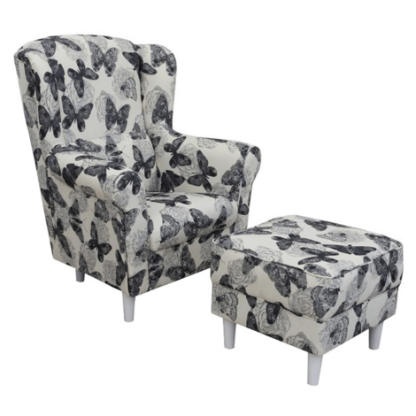 Křeslo ušák s taburetem, látka butterfly 1 šedá s bílou/bílá, ASTRID P1, poškozené zboží Tempo Kondela