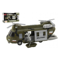 Vrtulník/ Helikoptéra vojenská plast 28 cm na setrvačník a na bat. se světlem a zvukem