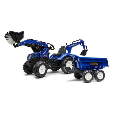 FALK Dětský šlapací traktor New Holland T8 s nakladačem, rypadlem a maxi vleč s vlečkou