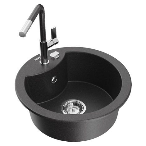 MEXEN/S Diego granitový dřez 1-miska včetně baterie Flora, černá kropenatá 6512-76-670401-08