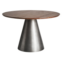 Estila Moderní kulatý jídelní stůl Seipur se stříbrnou kovovou podstavou a masivní hnědou vrchní