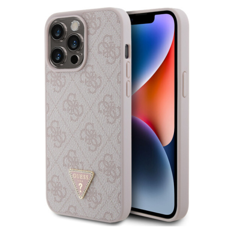 Guess PU 4G Strass Triangle Metal Logo kryt iPhone 15 Pro Max růžový