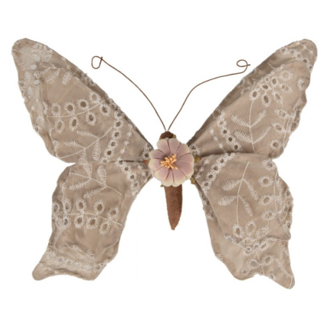 Dekorace motýl s hnědou krajkou – 28x4x22 cm Clayre & Eef