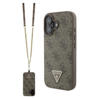 Guess PU 4G Strass Triangle Metal Logo kryt + Crossbody Popruh pro iPhone 16 hnědý