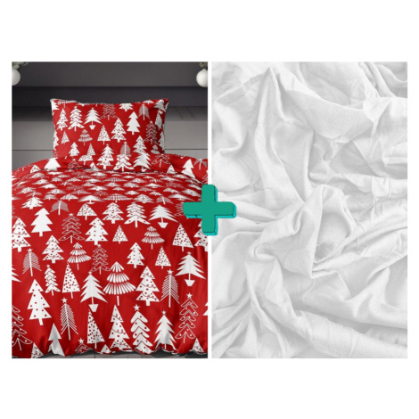 2x flanelové povlečení CHRISTMAS TREES červené + jersey prostěradlo EXCLUSIVE bílé 180 x 200 cm