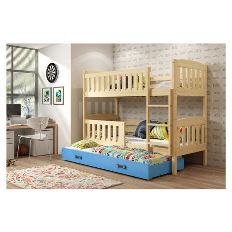 BMS Dětská patrová postel s přistýlkou KUBUŠ 3 | borovice Barva: Borovice / modrá, Rozměr: 190 x