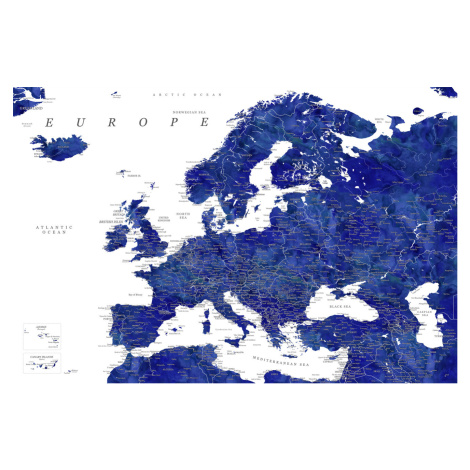 Mapa Navy blue detailed map of Europe in watercolor, Blursbyai, (40 x 26.7 cm)