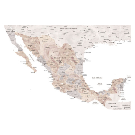 Mapa Map of Mexico in neutral watercolor, Blursbyai, 40 × 26.7 cm