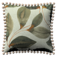 Dekoria Věra - potah na polštář ozdobné bambulky po obvodu, hnědo-oranžovo-olivové listy na šedo