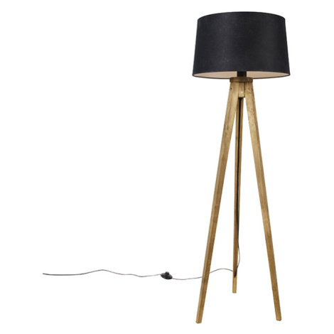 Rustikální stojací lampa na trojnožce Vintage dřevo slněným stínítkem černým 45cm - Tripod Class QAZQA