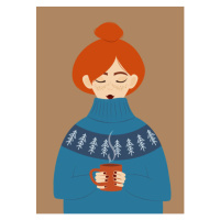 Ilustrace Girl in a warm sweater drinks a hot drink. Redhead girl with freckles in a huge cozy s