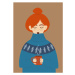 Ilustrace Girl in a warm sweater drinks a hot drink. Redhead girl with freckles in a huge cozy s