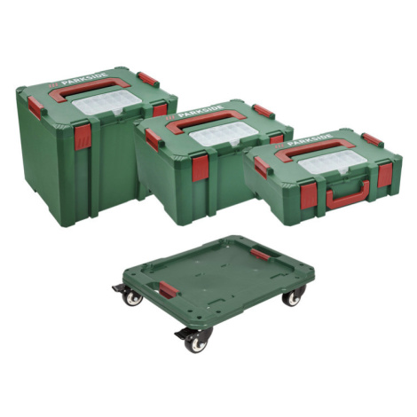 Sada Stack-it kufrů na nářadí M, L, XL a Stack-it transportního vozíku, 4dílná Parkside