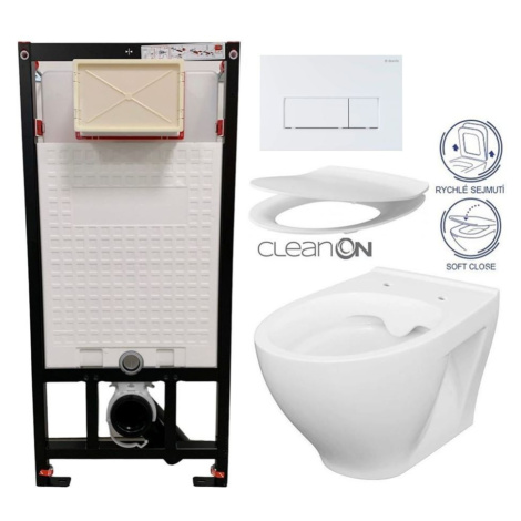 DEANTE Podomítkový rám, pro závěsné WC mísy + SLIM tlačítko bílé + WC CERSANIT CLEANON MODUO + S