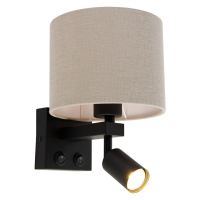 Nástěnná lampa černá s lampičkou na čtení a stínidlem 18 cm světle hnědá - Brescia