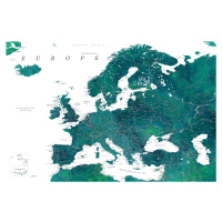 Mapa Teal detailed map of Europe in watercolor, Blursbyai, (40 x 26.7 cm)