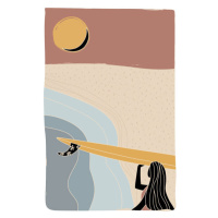 Ilustrace Surfer girl walking with the longboard, LucidSurf, 26.7x40 cm