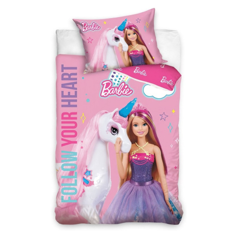 Carbotex povlečení do postýlky BARBIE A DUHOVÝ JEDNOROŽEC, růžové, bavlna hladká, 100x135cm + 40