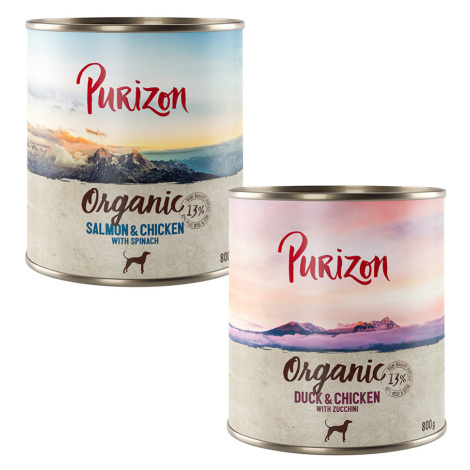 Purizon Organic výhodné balení 24 x 800 g - míchané balení: 12 x kachna s kuřecím, 12 x losos s 