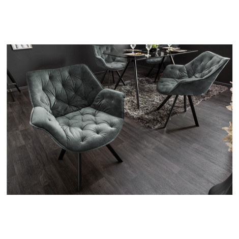 Estila Designová otočná jídelní židle Hetty s prošívaným sametovým čalouněním v tmavě šedozelené