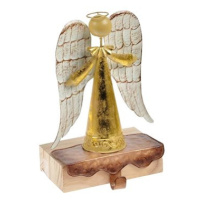 Anděl plech + dřevo s háčkem 24cm - zlatý