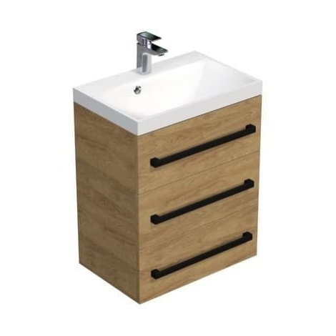 Koupelnová skříňka s černou úchytkou a umyvadlem SAT Cube Way 60x76,5x40 cm dub Hickory mat CUBE