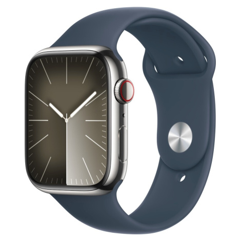 Apple Watch Series 9 Cellular 45mm Stříbrná ocel s bouřkově modrým sportovním řemínkem M/L Stříb