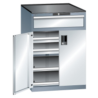 LISTA Zásuvková skříň s otočnými dveřmi, výška 1020 mm, 2 police, 3 zásuvky, nosnost 200 kg, šed