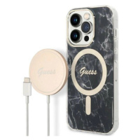 Pouzdro Guess Marble MagSafe pro iPhone 14 Pro + indukční nabíječka - černé