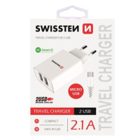 SWISSTEN SÍŤOVÝ ADAPTÉR SMART IC 2x USB 2,1A POWER + DATOVÝ KABEL USB / MICRO USB 1,2 M, BÍLÁ