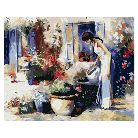 Diamondi - DÍVKA ZALÉVAJÍCÍ KVĚTINY, 40x50 cm, bez rámu a bez vypnutí plátna