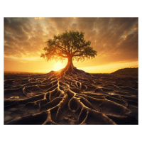 Obrazy na stěnu - Strom s kořeny při západu slunce Rozměr: 40x50 cm, Rámování: vypnuté plátno na