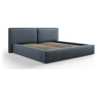 Tmavě modrá čalouněná dvoulůžková postel s úložným prostorem a roštem 200x200 cm Arendal – Cosmo
