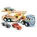 Dřevěný kamión Car Transporter Tender Leaf Toys s pohyblivou plošinou a 4 autíčky