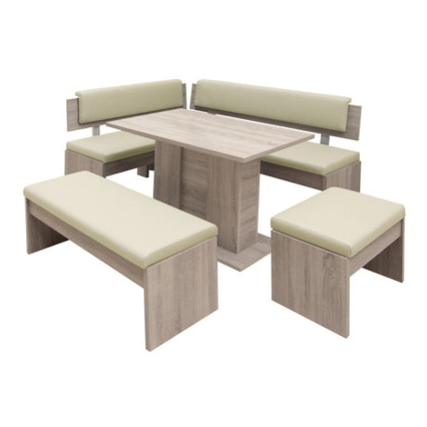Jídelní set Elinor - rohová lavice, stůl, 2x taburet(dub,béžová)