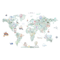 Nálepka na zeď mapa světa - Balóny a dopravní prostředky