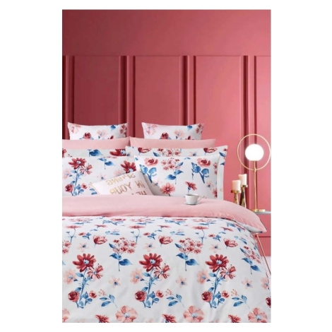 Bílo-růžové prodloužené povlečení na dvoulůžko z bavlny Renforcé s prostěradlem/4dílné 200x220 c Mila Home