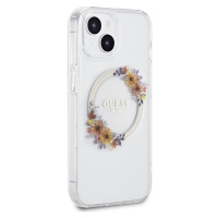 Zadní kryt Guess PC/TPU Flowers Ring Glossy Logo MagSafe pro Apple iPhone 15, transparentní