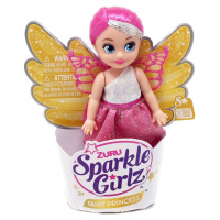 Zuru Víla Sparkle Girlz s křídly malá v kornoutku růžo-stříbrnné šaty a růžové vlasy
