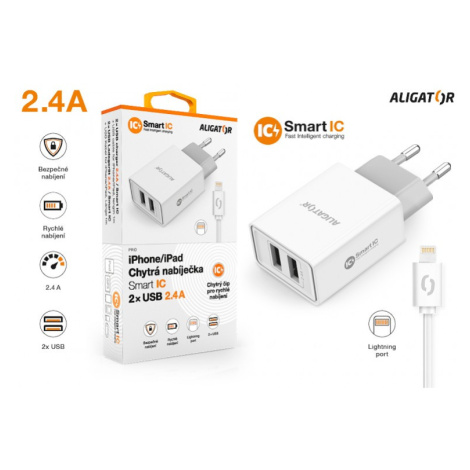 Chytrá síťová nabíječka ALIGATOR 2.4A, 2xUSB, smart IC, kabel pro iPhone/iPad 2A, bílá