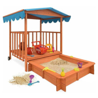 Dřevěný hrací domeček se stříškou a pískovištěm