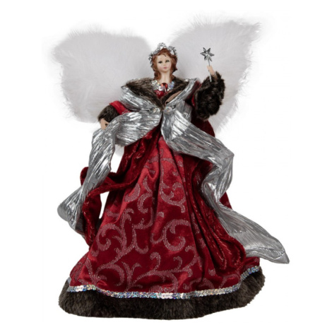Červená vánoční dekorace anděl se stříbrnou šálou a hůlkou s hvězdičkou – 28 cm Clayre & Eef