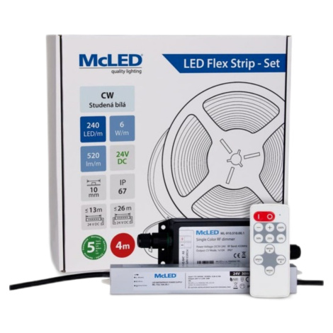 McLED LED pásek - sada 4 m + Přijímač Nano IP67, 240 LED/m, CW, 6 W/m, DC 24V, 520 lm/m, CRI90, 