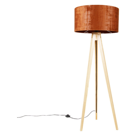Stojací lampa dřevěná s látkovým stínidlem oranžová 50 cm - Tripod Classic QAZQA